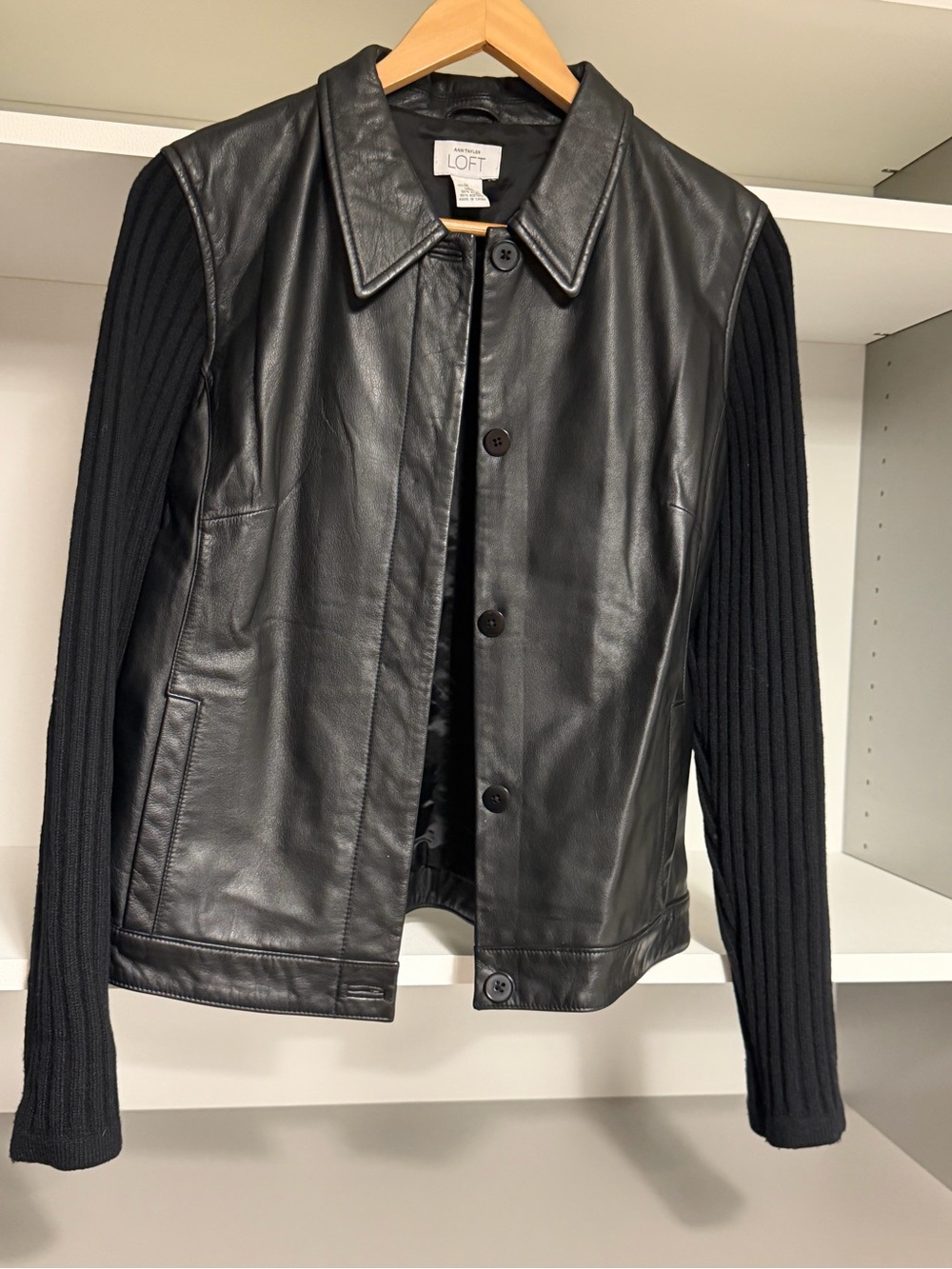 LOFT Black Leather Jacket with Ribbed Knit Sleeves